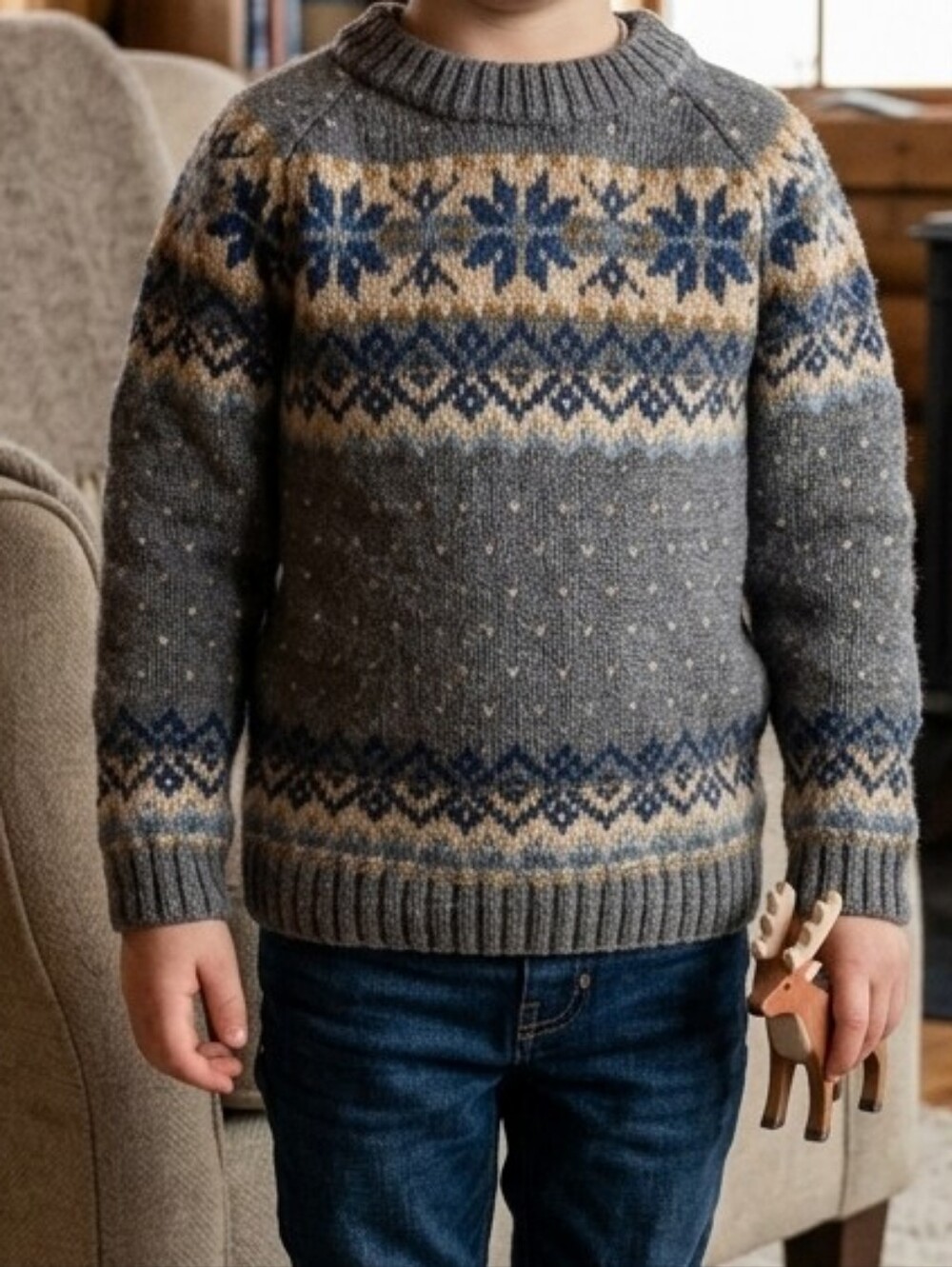 Kids Gray Fair Isle Knit Sweater with Navy and Cream Pattern